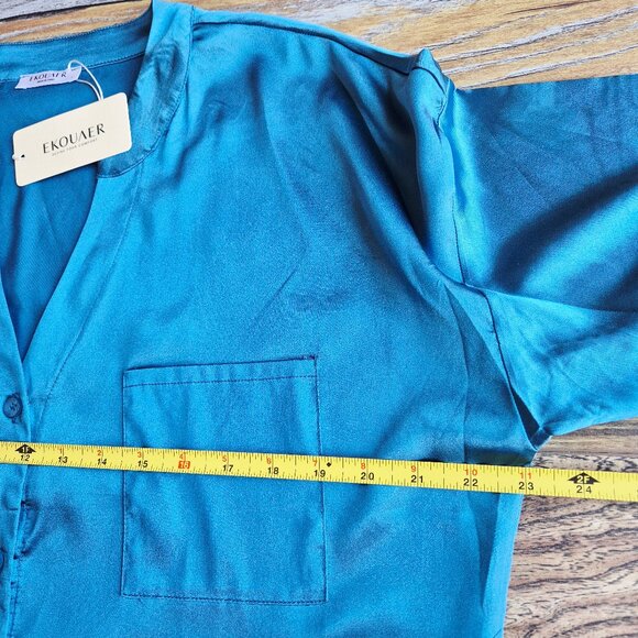 NWT EKOUAER Satin Night Sleepshirt Button-Down Pocket V-Neck Long Sleeve Blue - Picture 11 of 12